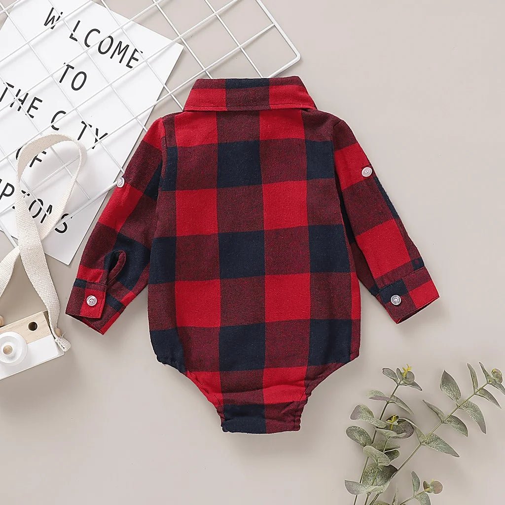 0 - 18 Months Newborn Baby Boy Bodysuit Plaid Long Sleeved Lapel Shirt Romper Gentleman Jumpsuit Fashion Wear for Toddler Boy - Baby Bubble