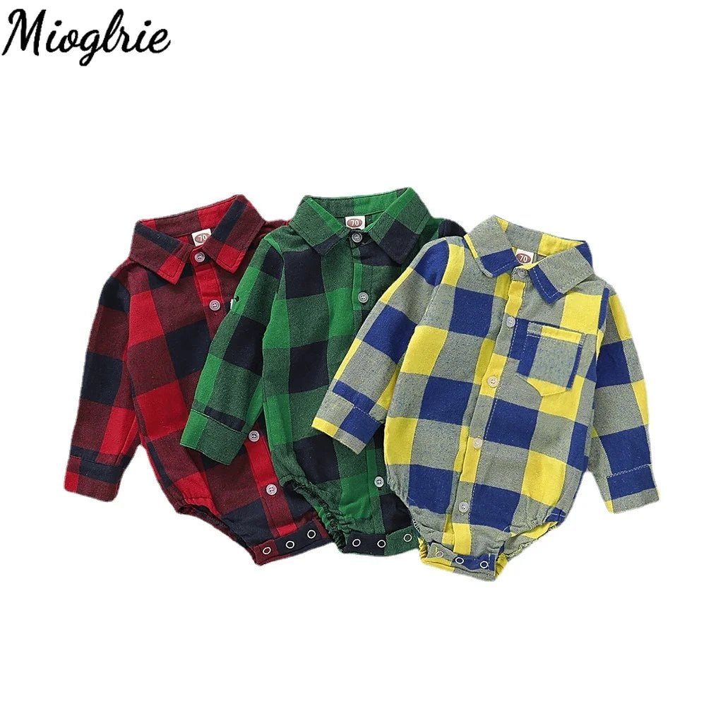 0 - 18 Months Newborn Baby Boy Bodysuit Plaid Long Sleeved Lapel Shirt Romper Gentleman Jumpsuit Fashion Wear for Toddler Boy - Baby Bubble