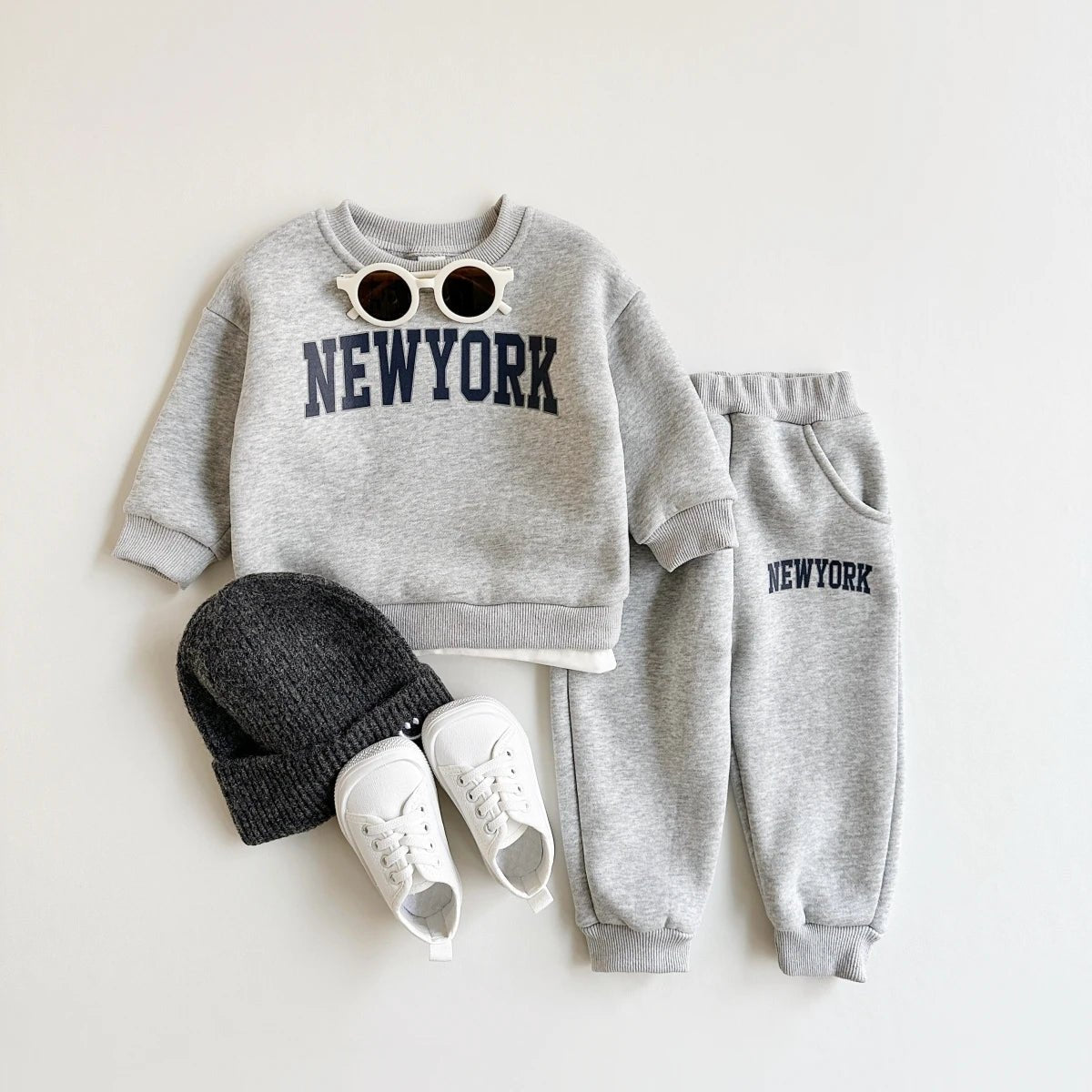 2Pcs Baby Clothing Set Boys Girls NewYork Print Sports Top Pants Suit Sweatshirt Winter Toddler Outfit Thick Newborn Clothes - Baby Bubble