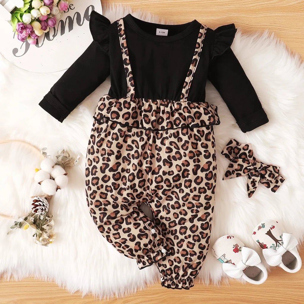 2PCS Newborn Baby Girl Flutter Sleeve Long Sleeve Leopard Bodysuit+Headband Spring Autumn Jumpsuit for Toddler Girl 0 - 18 Months - Baby Bubble