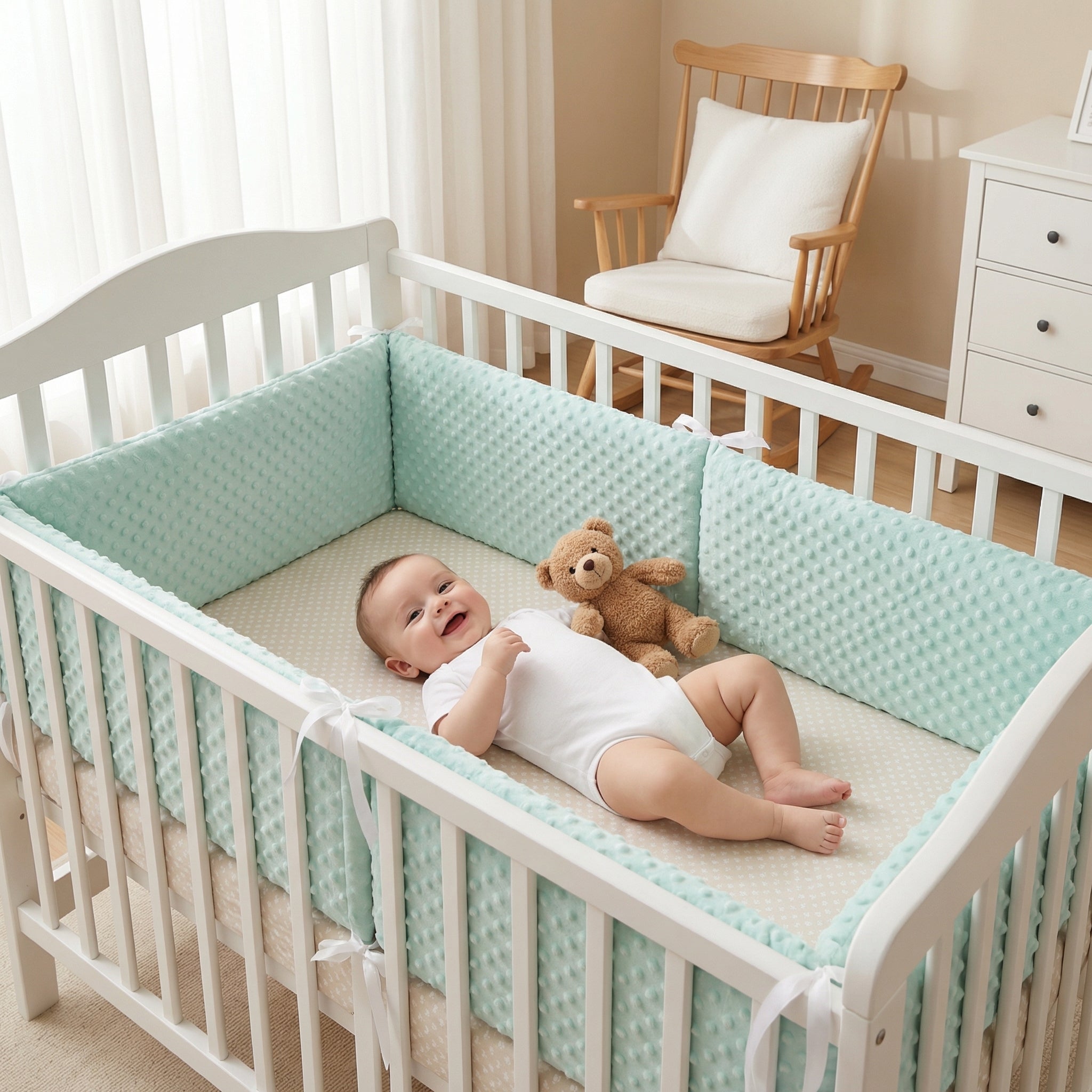 Soft-lit image of the CozyGuard™ premium baby crib cushion by Baby Bubble, featuring bright, plush padding for a cozy nursery.