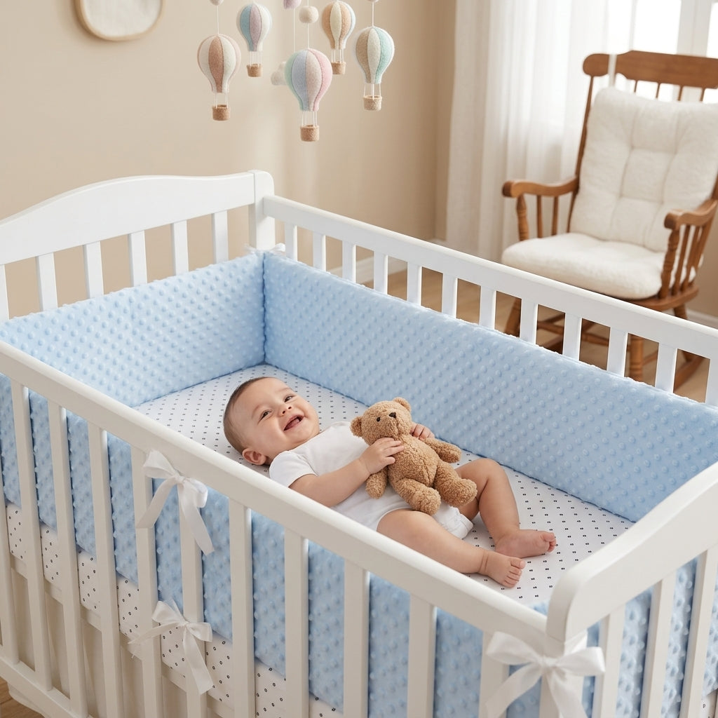 Baby holding a teddy bear on a CozyGuard™ premium baby crib cushion by Baby Bubble in a nursery setting.