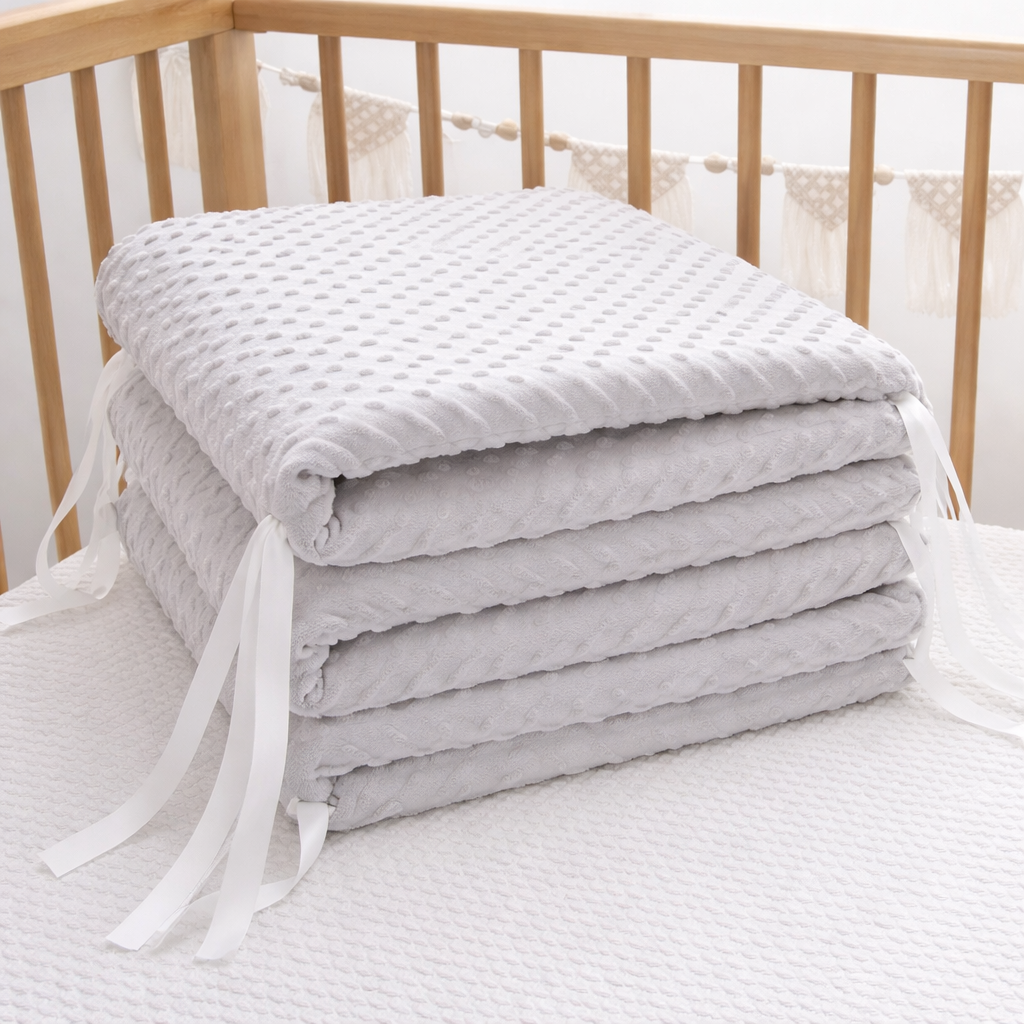 Soft white Baby Bubble CozyGuard™ premium baby crib cushion with plush fabric, designed for comfort and safety in a baby crib.
