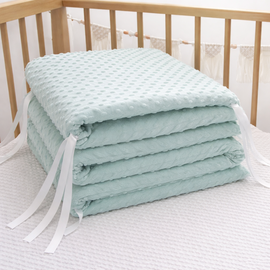 Soft baby crib cushion by Baby Bubble, CozyNest™ in neutral fabric, designed for comfort and safety in a cozy nursery setting.