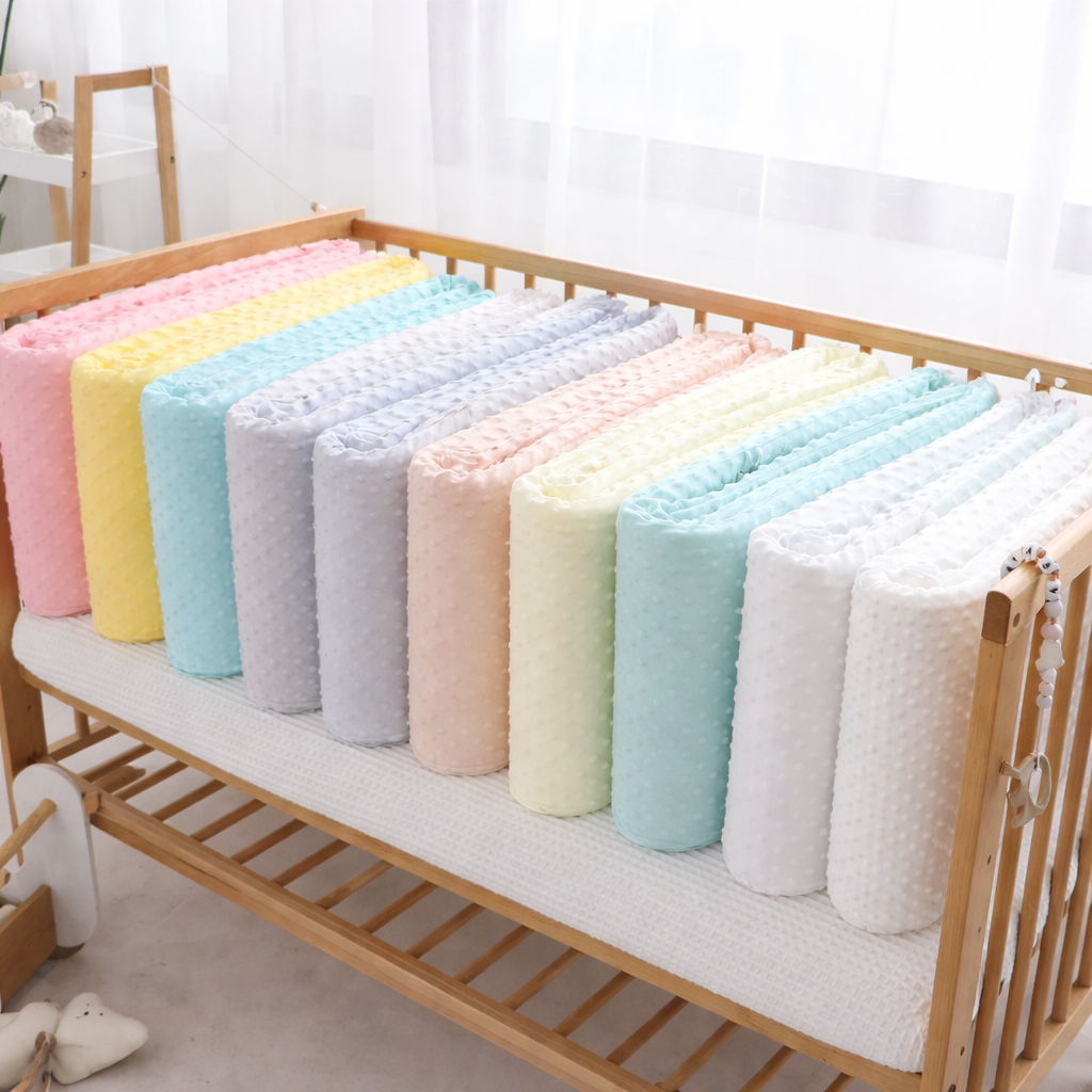 Soft beige Baby Bubble CozyGuard™ premium baby crib cushion with plush fabric and secure ties for a cozy nursery.
