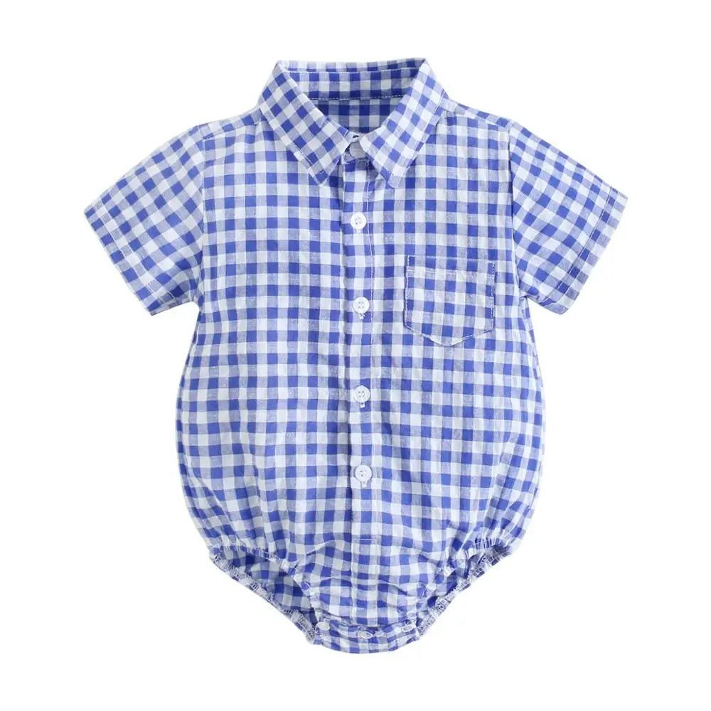 Baby Boy plaid cotton bodysuit by Baby Bubble, soft summer onesie with blue and white plaid pattern, short sleeves, and snaps.