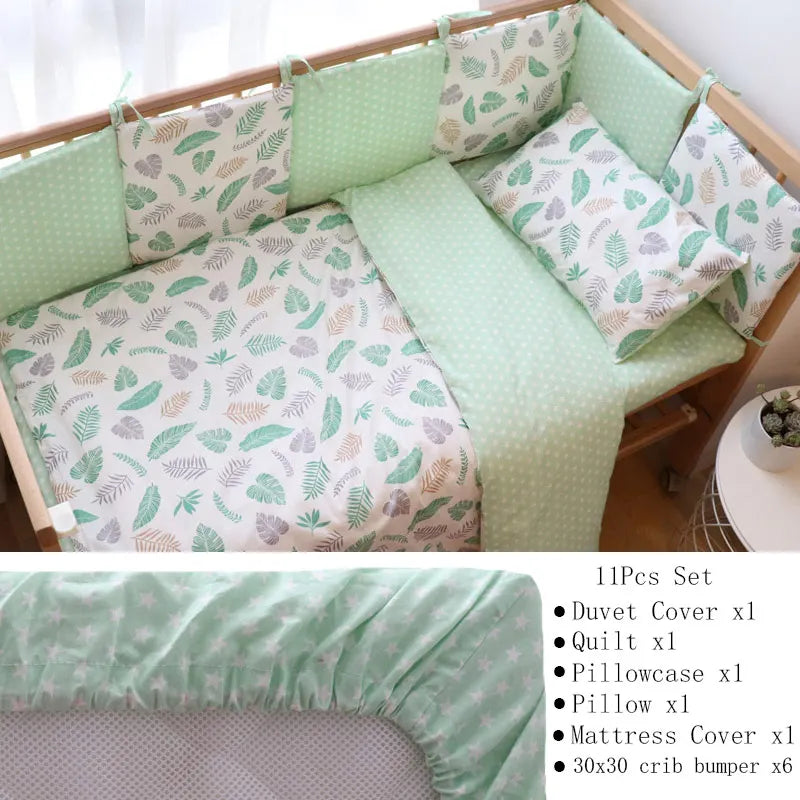 Soft cotton baby crib bedding set from Baby Bubble, including fitted sheet, blanket, and pillow in a cozy nursery bundle.