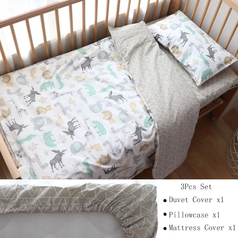 Soft cotton baby crib bedding set from Baby Bubble, including nursery sheets and blankets in gentle pastel colors.
