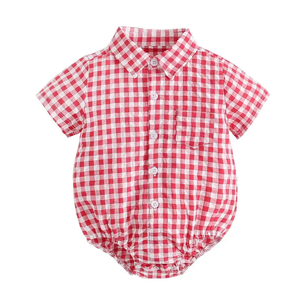 Baby Boy plaid bodysuit by Baby Bubble, soft summer cotton onesie with blue and white plaid pattern, featuring snaps at the bottom.