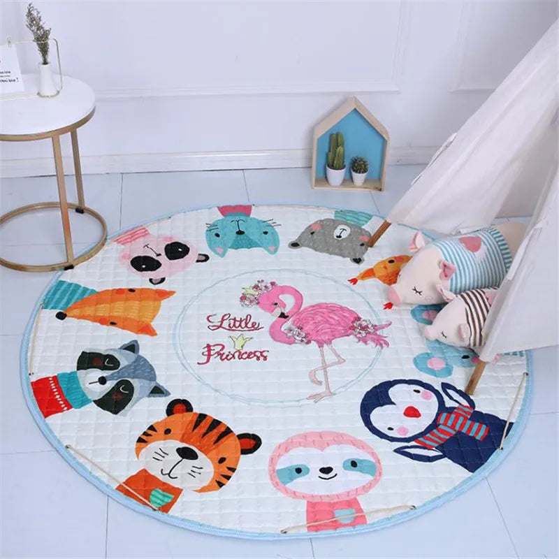 Round kids room carpet featuring Nordic animal design, 150cm play mat by Baby Bubble, soft and colorful for children's rooms.