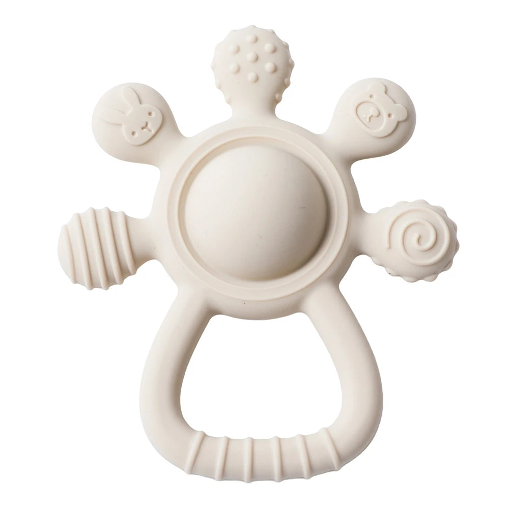 Baby Bubble silicone teether rattle with colorful design, BPA-free sensory soothing toy ideal for infants to chew and shake.
