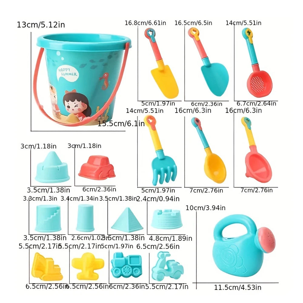 Baby Bubble 18-piece baby beach sand toy set with buckets, shovels, and molds for outdoor summer play.