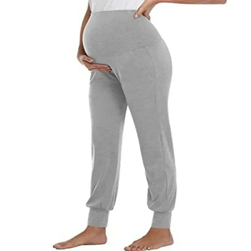 Soft high waist maternity jogger pants by Baby Bubble, featuring comfortable, relaxed fit and soft fabric for expecting mothers.