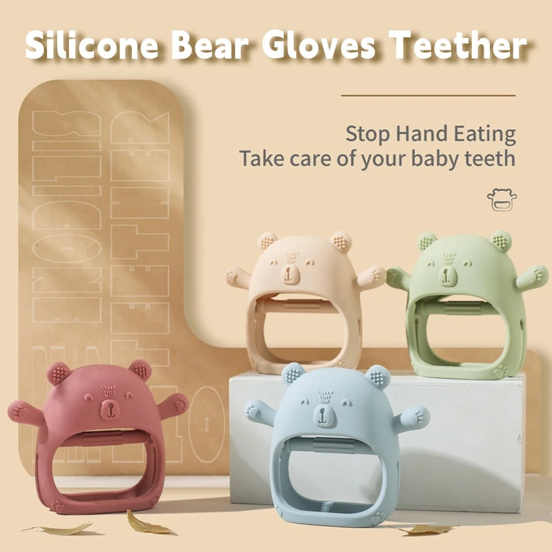Baby Bubble BPA-free silicone teether glove with textured surface for gum relief, designed for soothing baby’s sore gums.