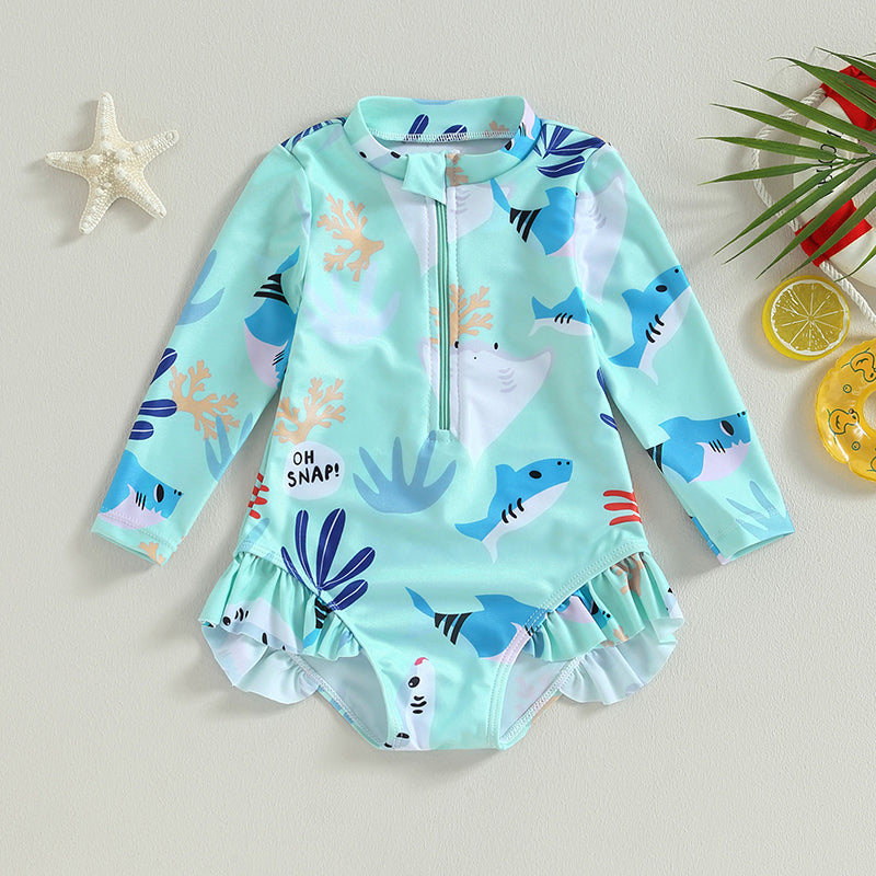 Girls long sleeve swimsuit with sea animal print from Baby Bubble, featuring colorful marine creatures on a light background.