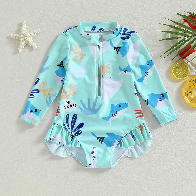 Girls long sleeve swimsuit with sea animal print by Baby Bubble, featuring colorful marine creatures on soft fabric.