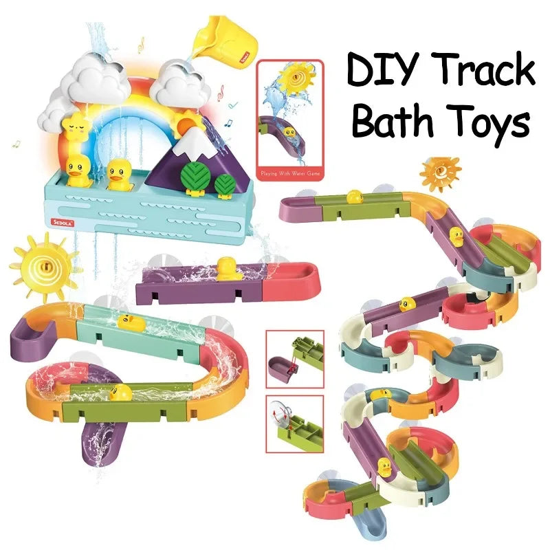 Baby Bubble duck water bath toys set with DIY assembly track slide and suction cups, perfect for bath time fun for children