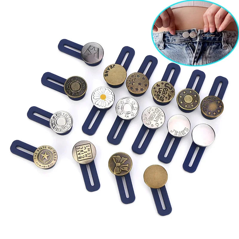 Baby Bubble maternity jeans button extenders with adjustable waist relief, shown clipped onto denim jeans for comfortable fit.