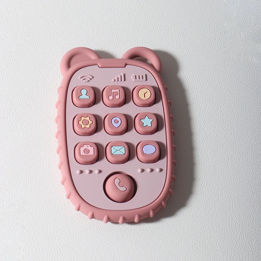 Baby Bubble baby phone shape teether made of colorful silicone, designed for chewing and soothing infants.