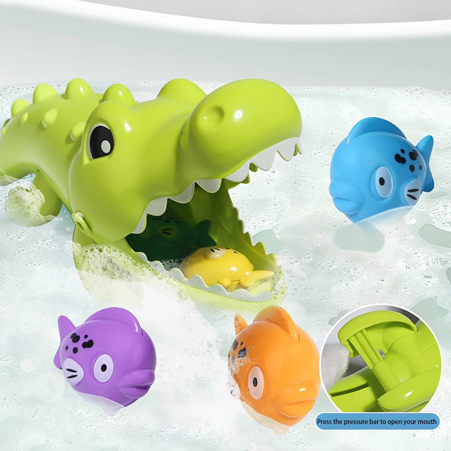 Baby Bubble kids crocodile bath toy for water play, featuring colorful crocodile design and playful water splash elements.