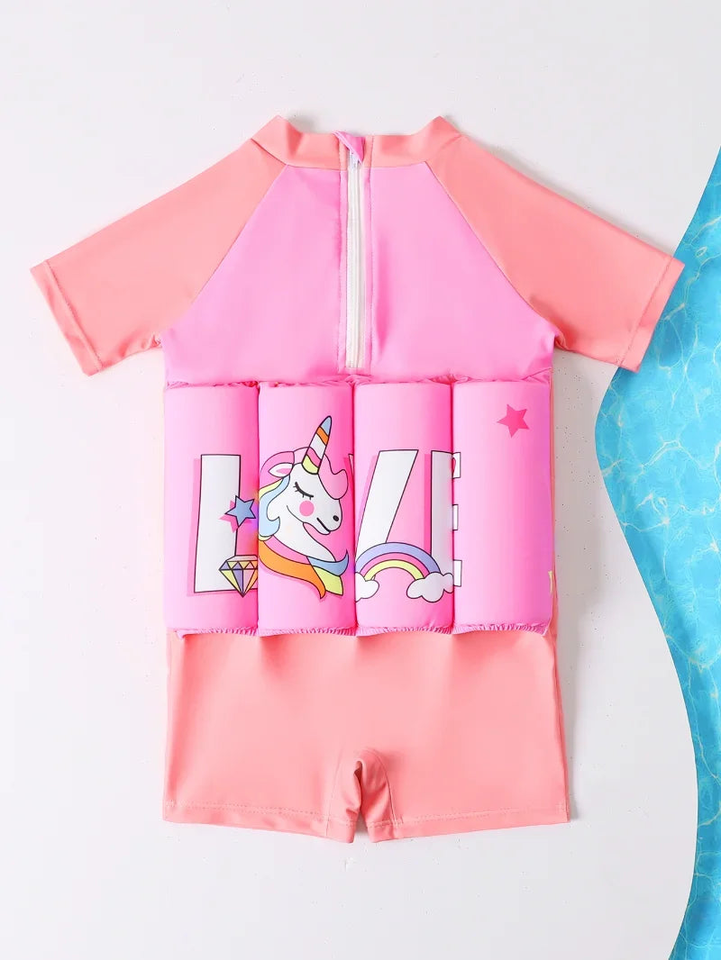 Kids buoyancy swimsuit by Baby Bubble featuring colorful cartoon float design, safe swimwear for children in water activities.