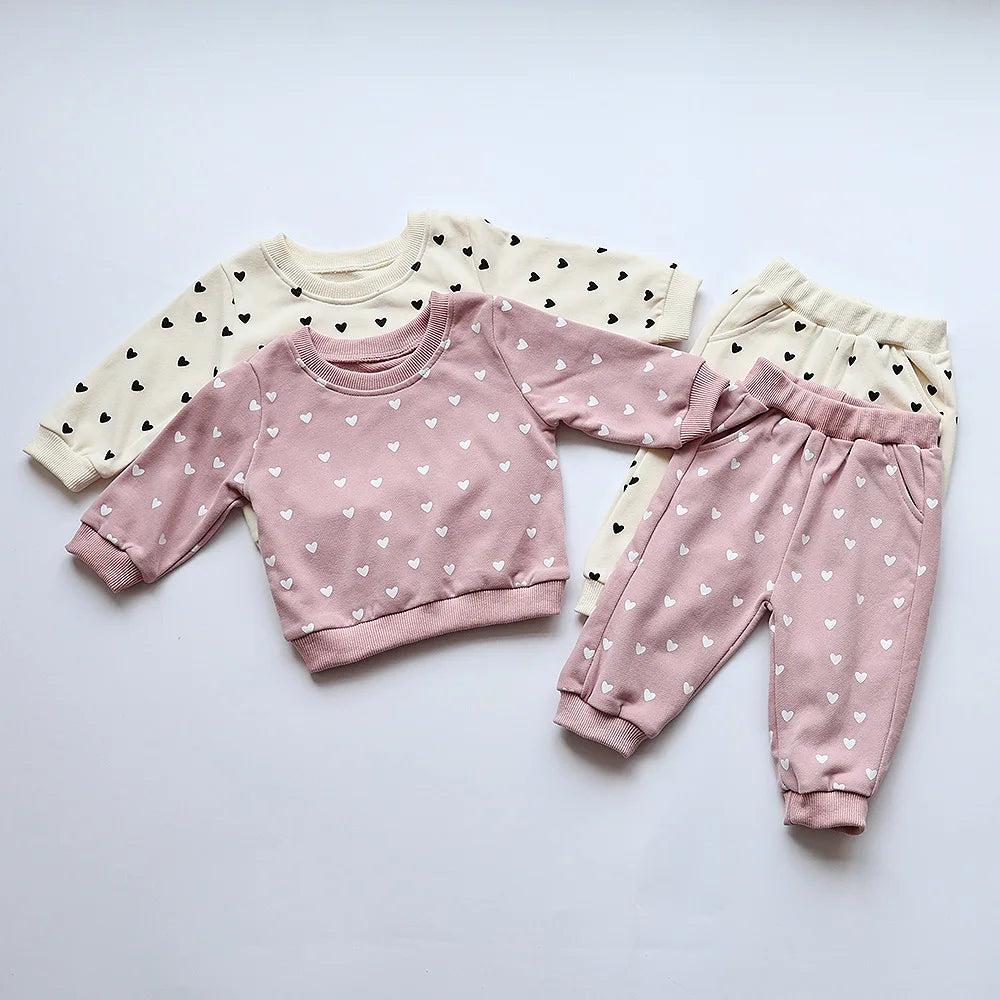 Baby Bubble heart print hoodie set featuring a cozy, casual design with matching hoodie and pants for comfortable wear.