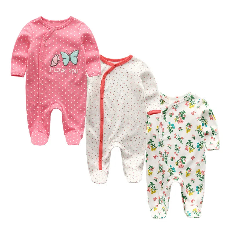 Set of three cozy autumn cotton baby rompers by Baby Bubble for newborns, featuring soft, comfortable fabric and charming fall prints.