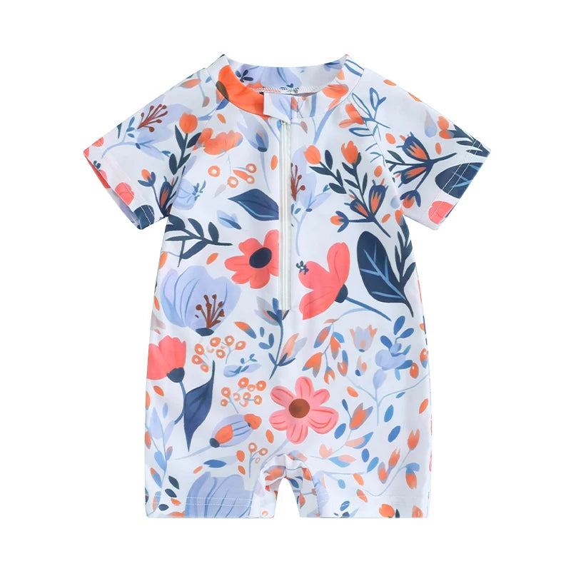 Baby girl’s floral zip-up rash guard romper by Baby Bubble, featuring colorful floral patterns and a front zipper for easy dressing.