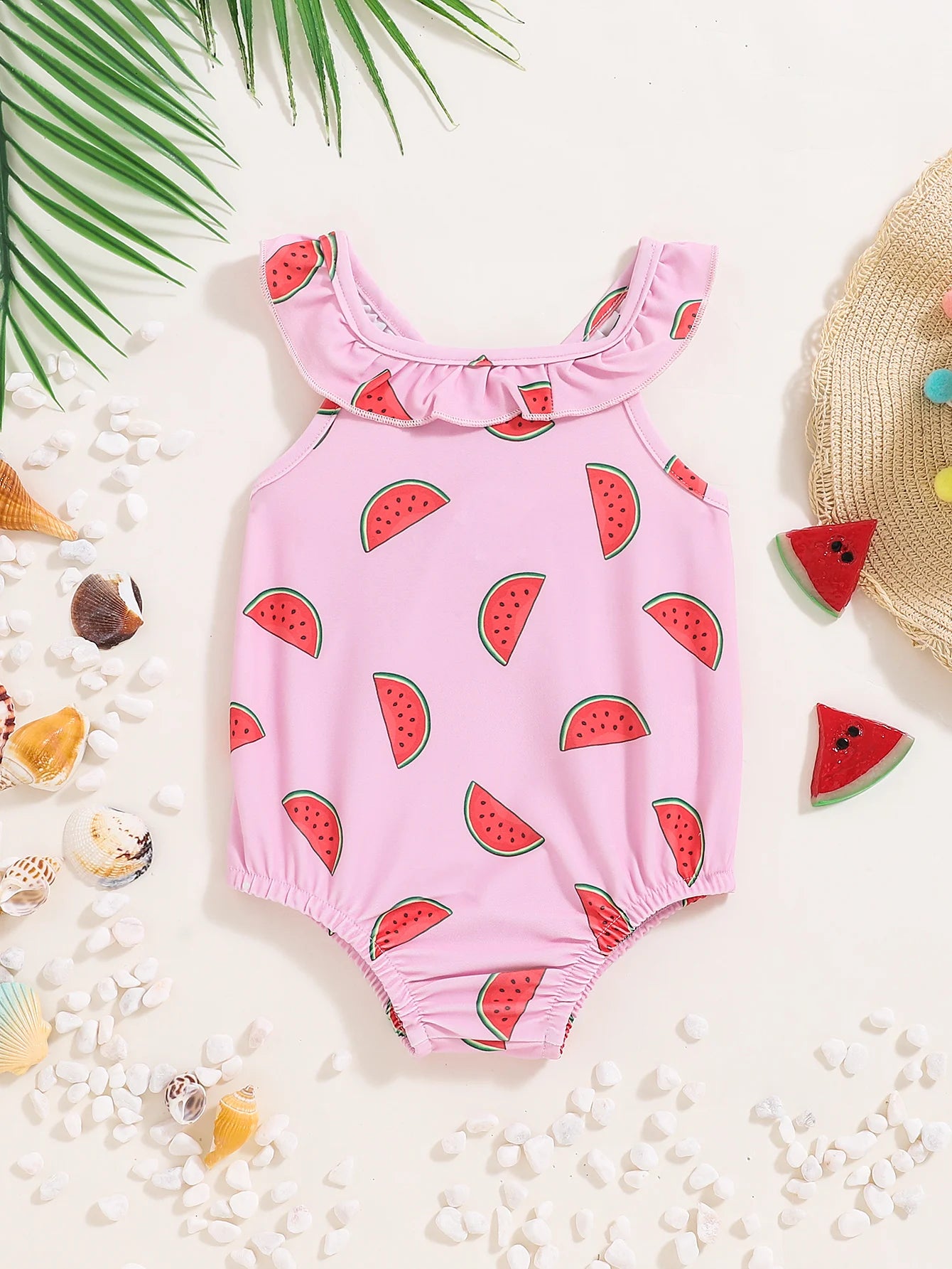 Baby Girl Watermelon Swimsuit by Baby Bubble, cute one-piece swimsuit with watermelon print for infants and toddlers.