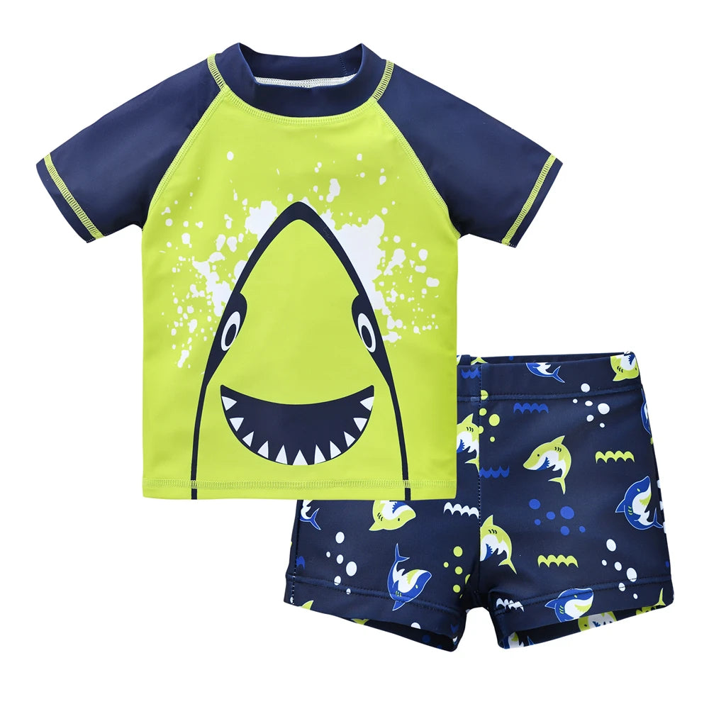 Baby Bubble boys' 2-piece swimsuit set with a cool print, designed for ages 1 to 7, featuring colorful swimwear with fun patterns.