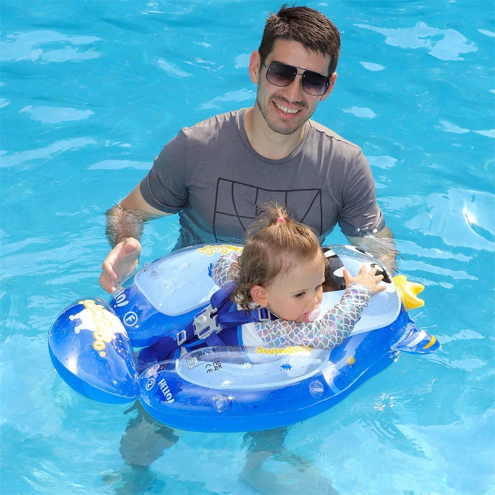 Inflatable baby float ring from Baby Bubble with colorful design, designed for safe, fun water play for infants in the pool.