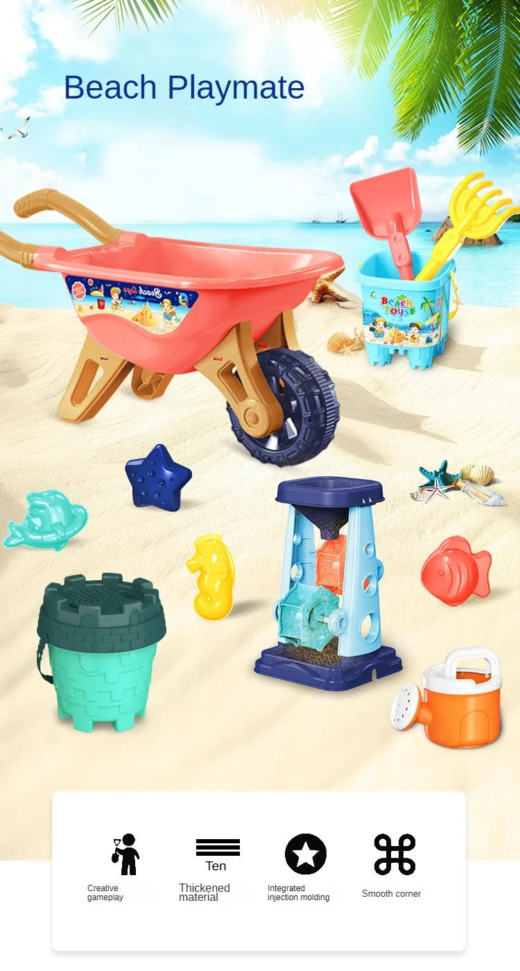 Kids beach sand play set with colorful bucket and shovel, designed for children to enjoy sandcastle building and outdoor play.