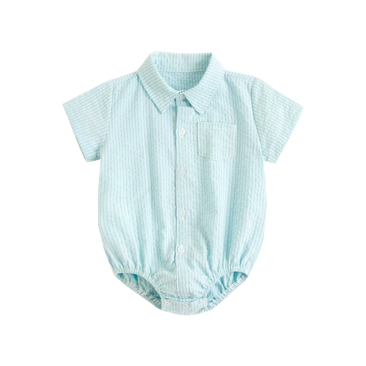 Baby boy plaid cotton bodysuit from Baby Bubble, soft summer onesie with blue and white checkered pattern, front snap closure.