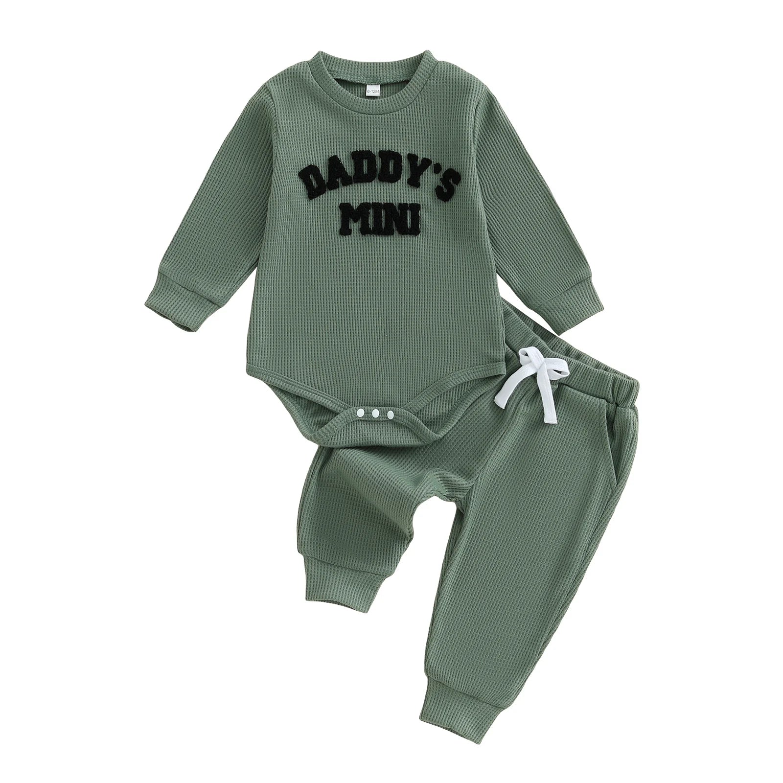 Baby Bubble Daddy's Mini Waffle Bodysuit and Jogger Pants set, embroidered 2-piece fall fashion for infants, soft and cozy clothing.