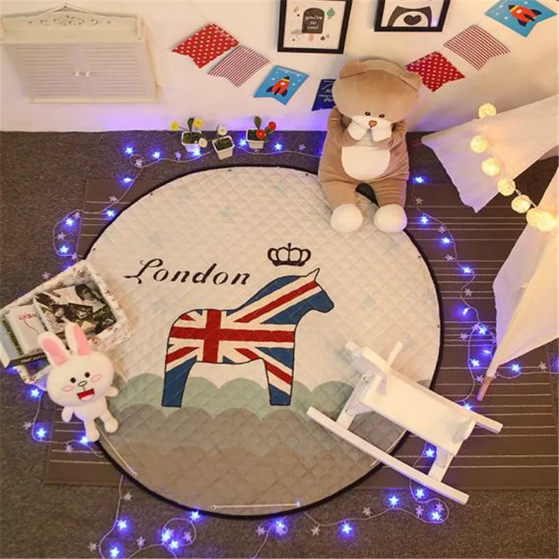 Round kids room carpet featuring Nordic animal design, 150cm play mat by Baby Bubble, soft and colorful for children’s play area.
