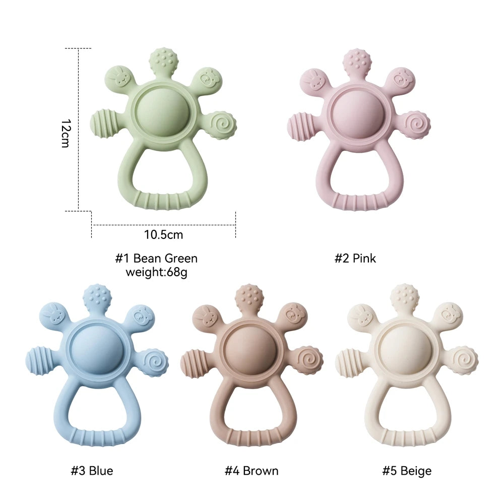 Baby Bubble BPA-free silicone teether rattle with colorful sensory beads, designed for soothing and entertaining infants.