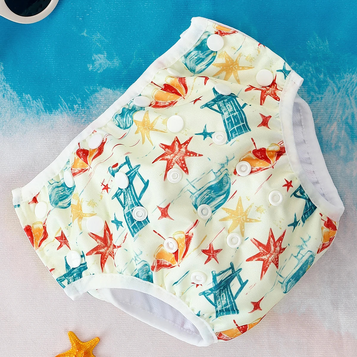Baby Bubble reusable swim diapers with colorful animal print for babies, designed for comfort and water play.