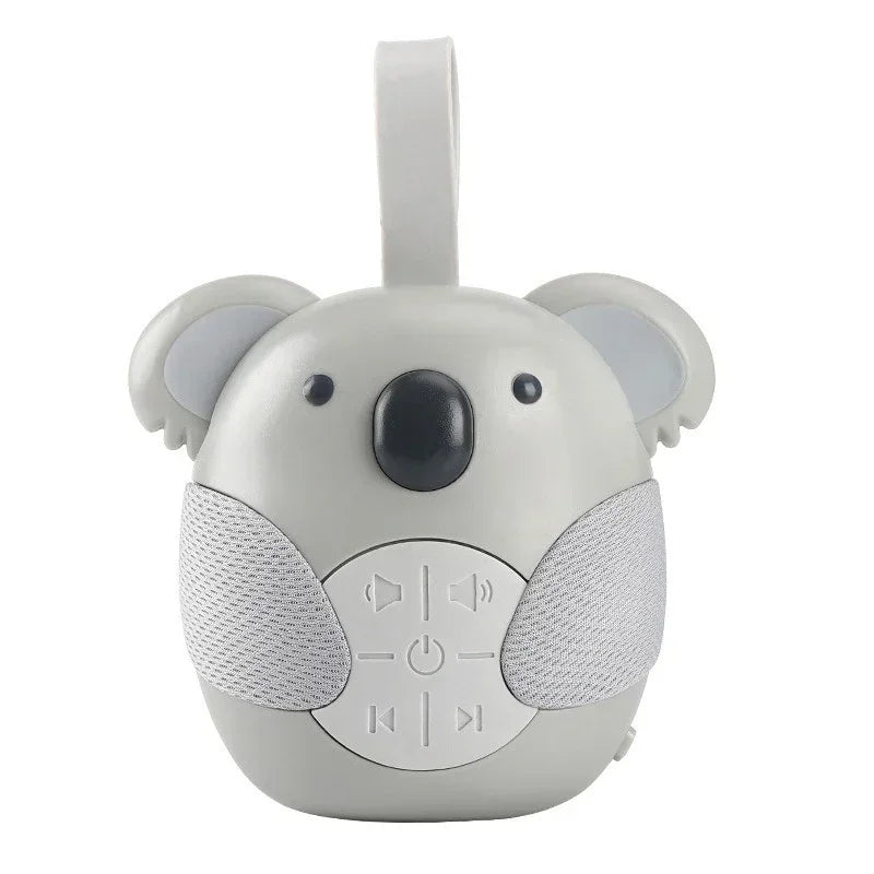 Baby Bubble white noise machine with a white and gray design, featuring buttons for soothing sleep and calming sounds for babies.