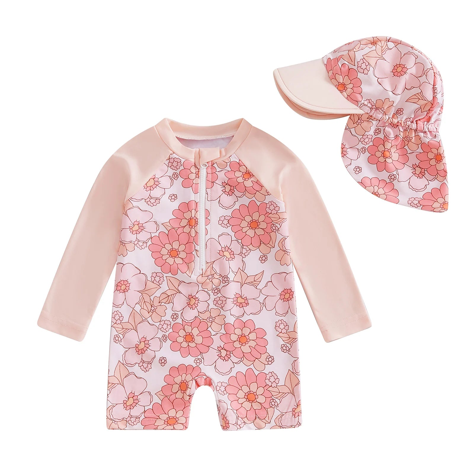 Baby Girls rash guard set with floral and flamingo print by Baby Bubble, featuring a colorful, sun-protective swimwear design.
