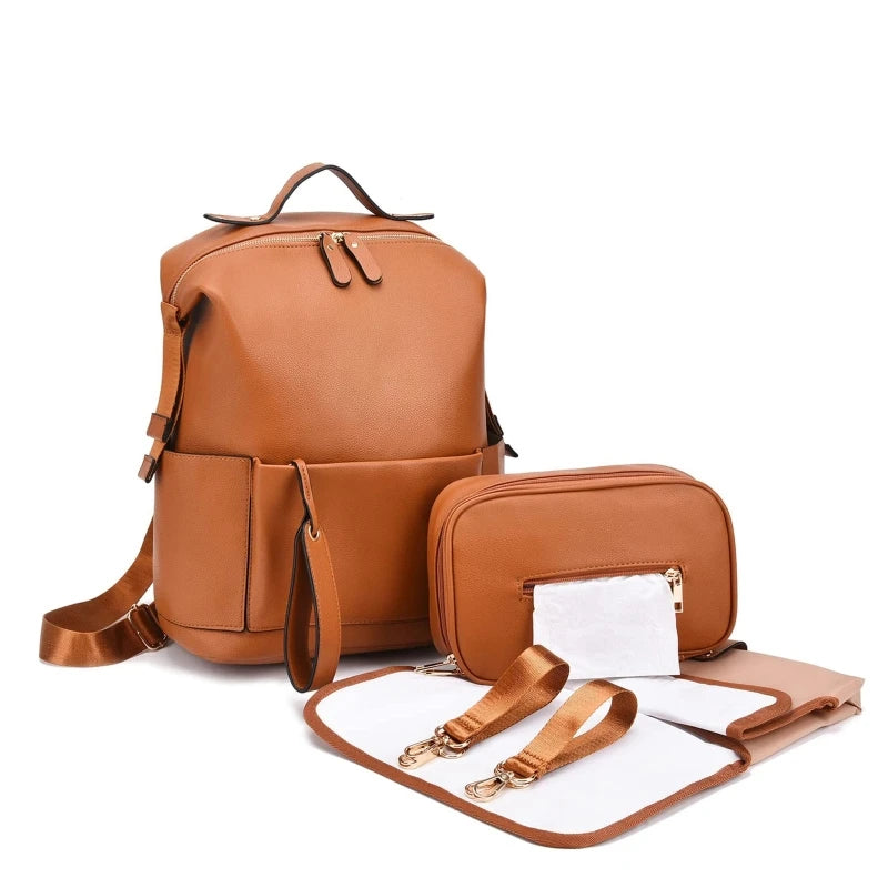 Large leather diaper bag backpack by Baby Bubble with multiple compartments and stylish design for parents on the go.
