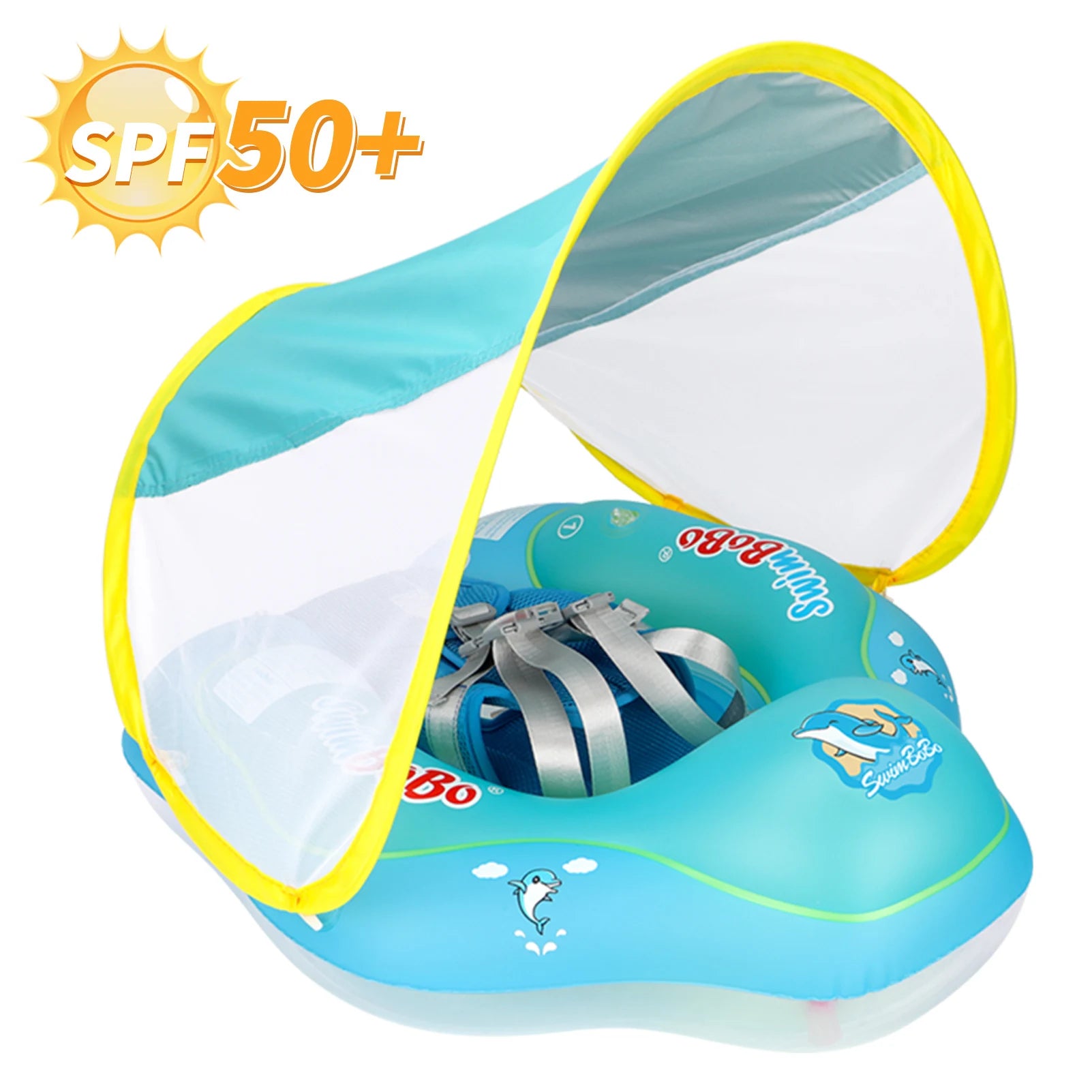 Baby Bubble baby float ring with canopy providing UV sun protection, featuring a safe, comfortable design for infants in the pool.