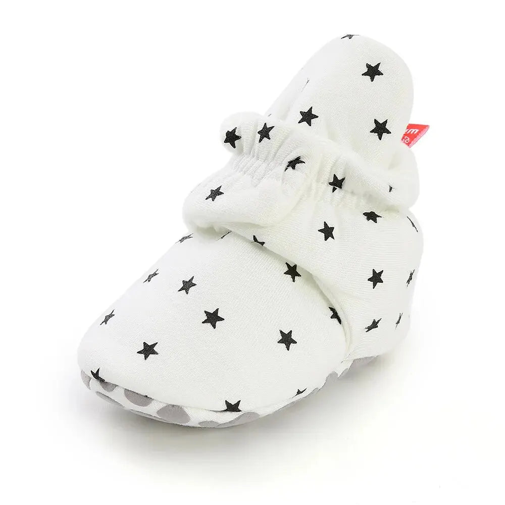 Baby Bubble soft first walker shoes with anti-slip star booties for infants, featuring comfortable, flexible design and adorable star details.