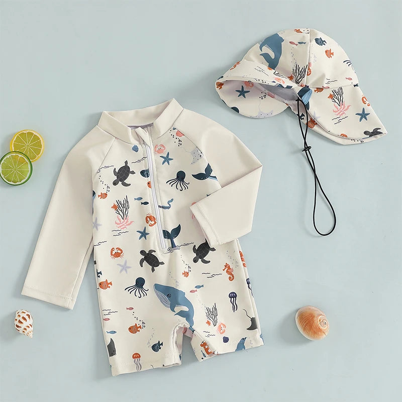 Baby boys rash guard set with marine animal print by Baby Bubble, featuring colorful sea creatures on lightweight, sun-protective swimwear.