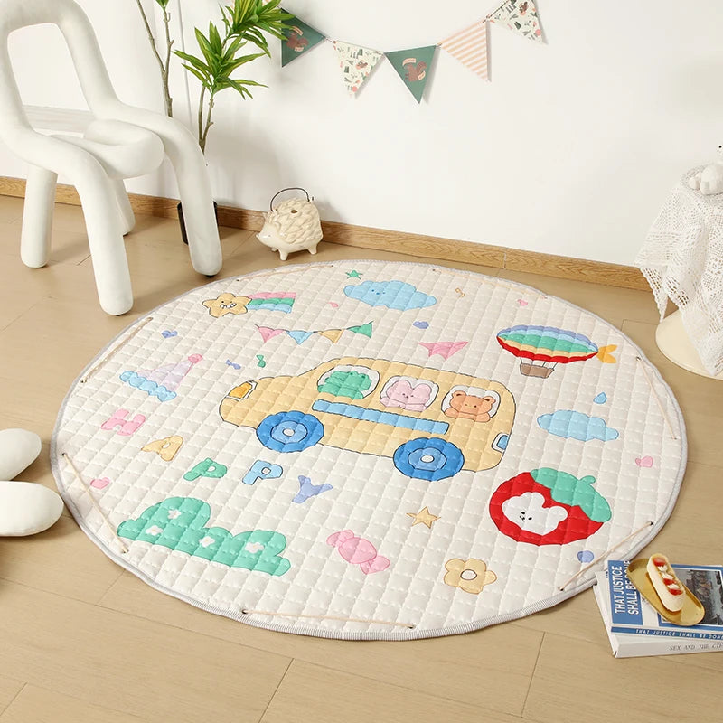Round Baby Play Mat by Baby Bubble, 150cm foldable cartoon floor rug with colorful animal designs for infants and toddlers.