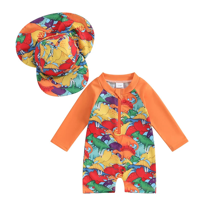 Baby boys rash guard set with turtle and dinosaur print, featuring short sleeves and vibrant colors by Baby Bubble.