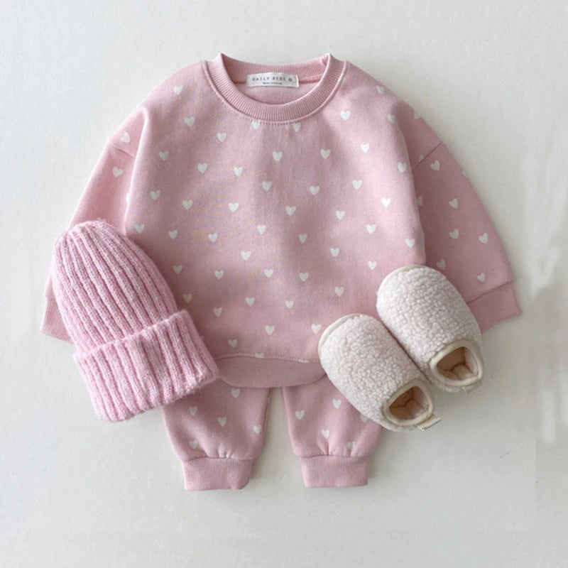Baby Bubble Heart Print Hoodie Set featuring a cozy hoodie and matching pants with cheerful heart patterns, perfect for casual wear.