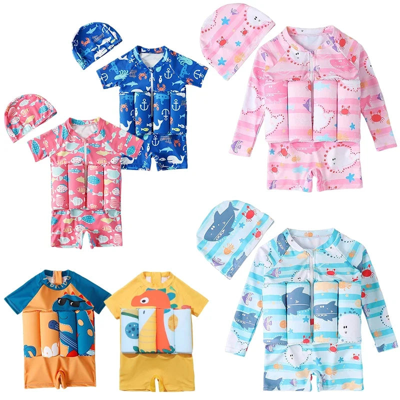 Children's buoyancy swimsuit by Baby Bubble with colorful cartoon print, designed for safety and fun in the water.