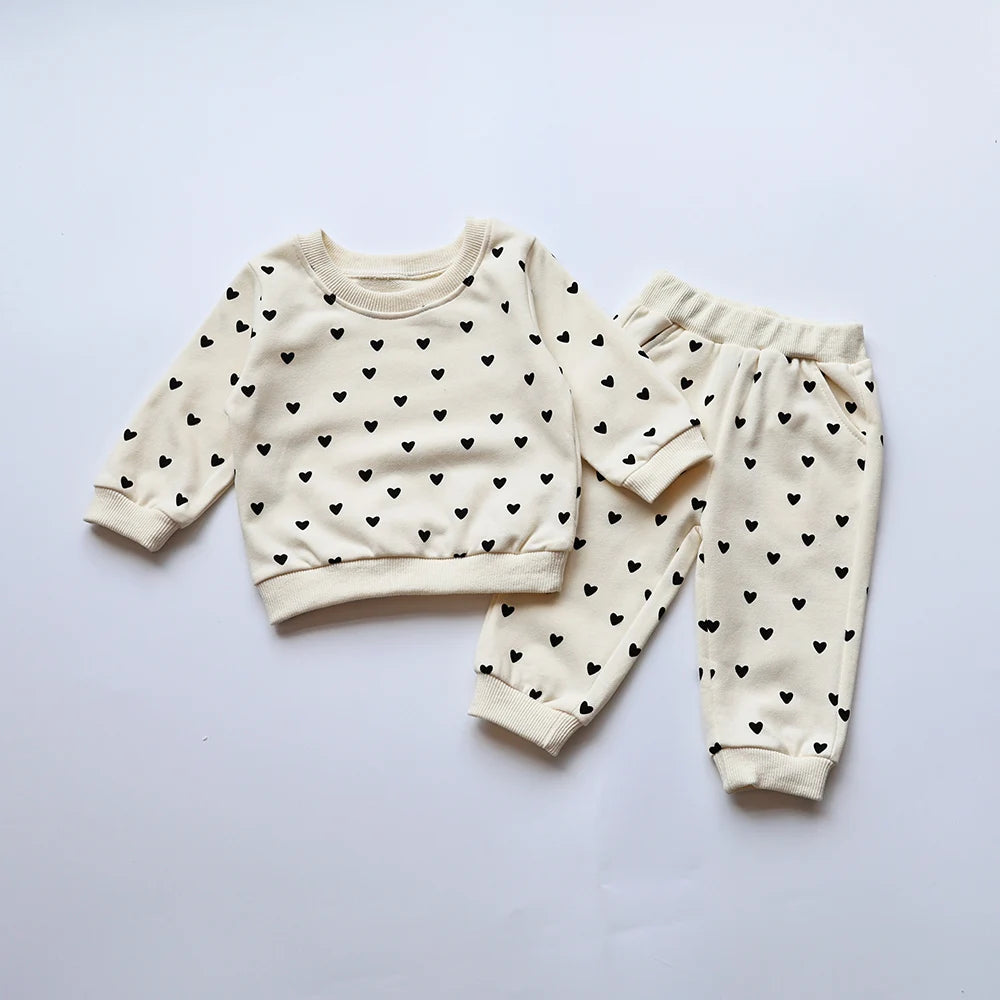 Baby Bubble Heart Print Hoodie Set featuring a cozy hoodie and matching pants with cute heart designs, perfect for casual wear.