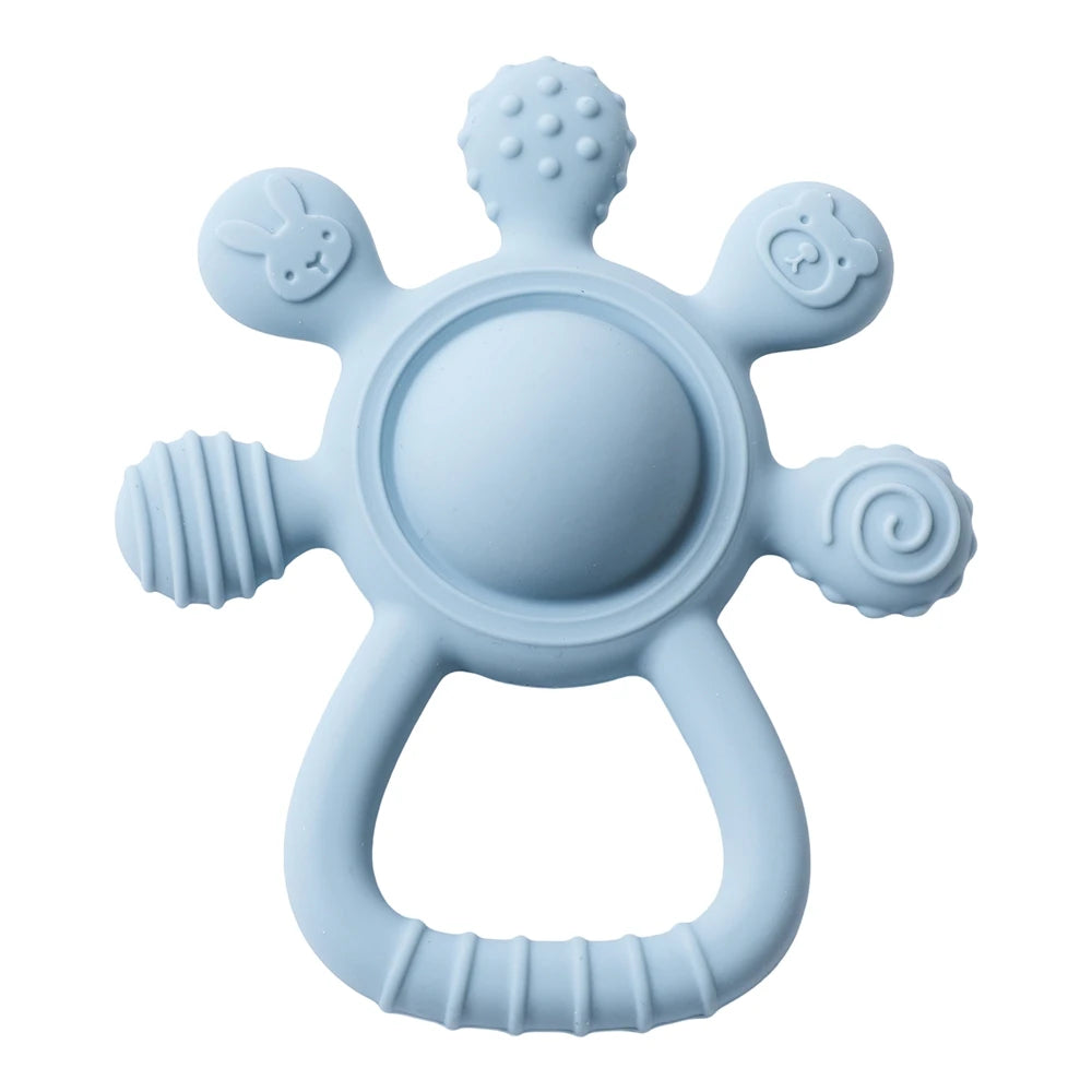 Baby Bubble BPA-free silicone teether rattle with colorful sensory beads and soft texture, designed to soothe and entertain infants.