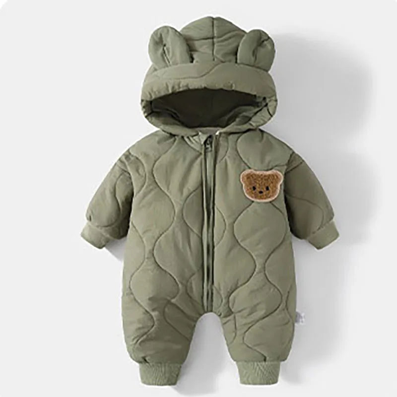 Baby Bubble Baby Winter Romper featuring a cute cartoon bear design, warm fleece material, and cozy one-piece jumpsuit for infants.
